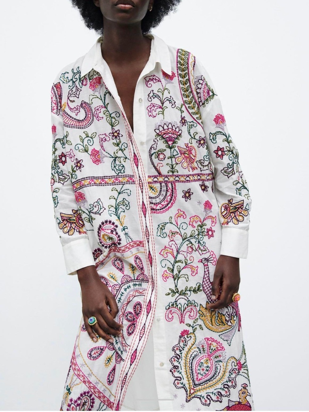 Zara Embroidered White Button Down Shirt Dress Size Small